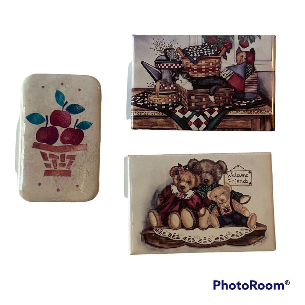 Laura Korsgaden Refrigerator Magnet 1998 Metal Bears Apples Basket Quilt Cat